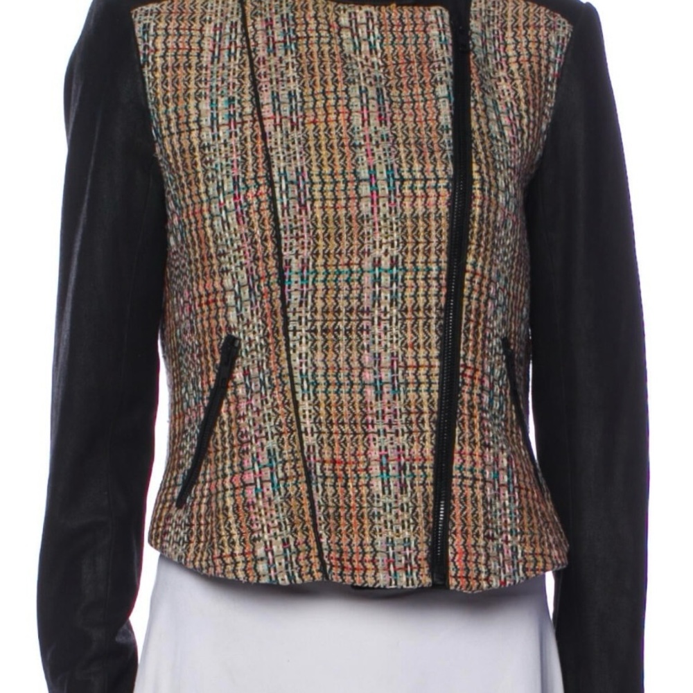 Theory Silk Multicolor Tweed Jacket with Black Sleeves